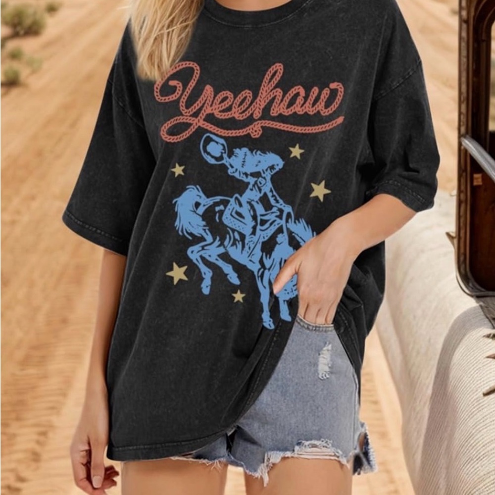 Oversized Black Graphic Tee with Cowboy Print